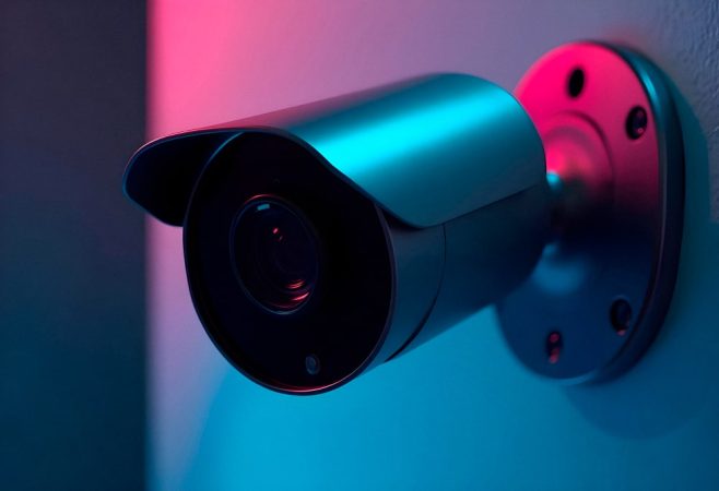 Caméra de surveillance extérieure avec éclairage LED coloré représentant les caméras insolites nouvelle génération