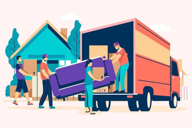 Illustration colorée d'une équipe d'une entreprise de déménagement chargeant un canapé violet et des cartons dans un camion orange devant une maison turquoise