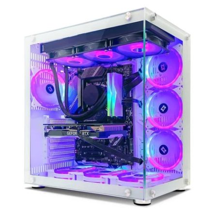 Boîtier PC gamer haut de gamme avec éclairage RGB rose et bleu, ventilateurs lumineux et carte graphique RTX, disponible sur le marché marocain