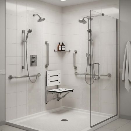Une salle de bain moderne avec une "douche adaptée aux seniors", équipée d'un siège intégré, de barres d'appui et de deux pommeaux de douche pour un confort optimal.