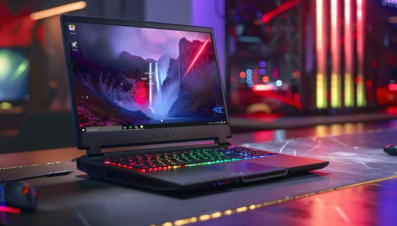 Un PC Portable Gamer ouvert sur un bureau, affichant un fond d'écran de cascade