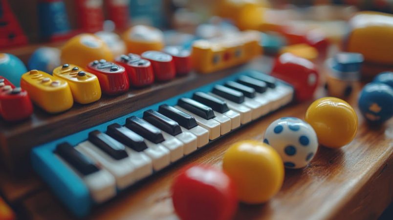 Gros plan sur un petit clavier de piano bleu et des instruments colorés pour une séance de bingo musical.