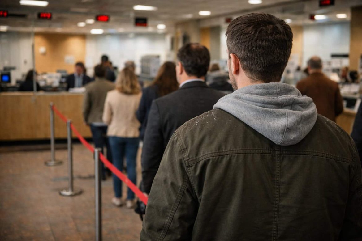File d'attente de clients dans une agence bancaire illustrant la matérialisation de l'épargne physique