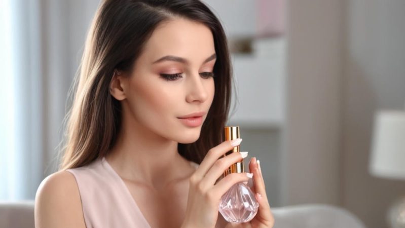 Gros plan sur une jeune femme tenant le flacon de parfum Bois Impérial contre son nez, en appréciant l'arôme