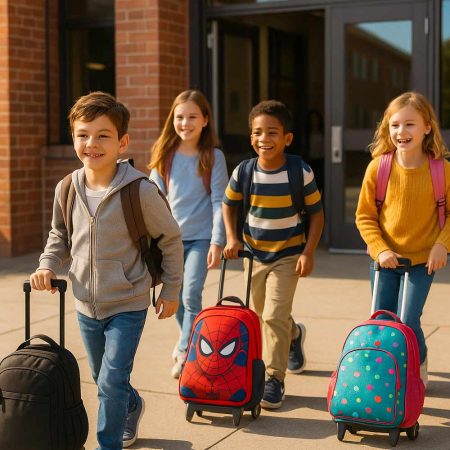 Un groupe de quatre enfants joyeux marchant devant leur école, dont trois font rouler leur cartable à roulettes coloré sur le sol.