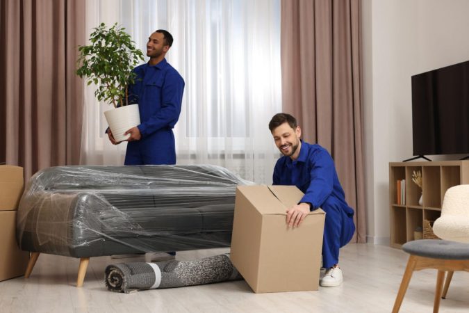 Équipe de déménageurs préparant un salon avec un canapé emballé sous film plastique et une plante d'intérieur pour un déménagement sur-mesure